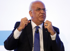 Palestinian Chief Negotiator Erekat gestures during the Rome 2015 MED - Mediterranean Dialogues forum in Rome