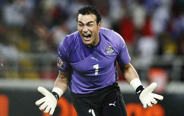 Egypt's goalie Essam El Hadary celebrates after his team scored during the Africa Cup of Nations final against Ghana in Luanda