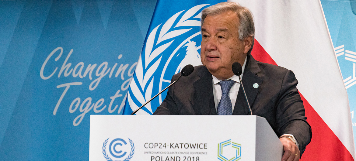 United Nations Secretary-General António Guterres addressing the High-level segment of the Katowice Climate Change Conference, COP24, on 3 December 2018.
