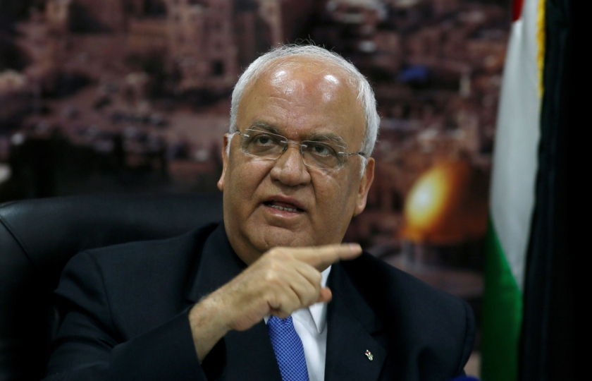 Chief Palestinian negotiator Saeb Erekat gestures during a news conference in Ramallah in the occupied West Bank