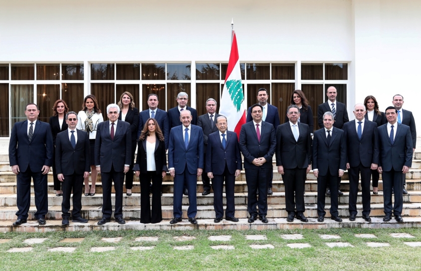 Members of the new Lebanese government pose for a picture at the presidential palace in Baabda