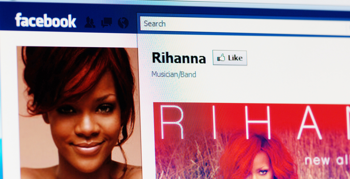 Facebook page of Rihanna on RGB laptop monitor